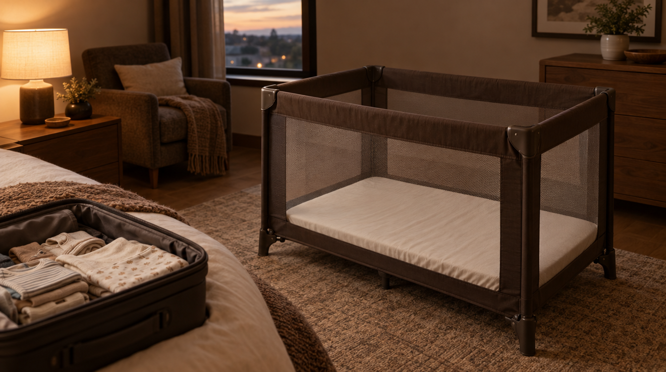 An empty portable play yard with only a fitted sheet, set up in a softly lit hotel room beside an open suitcase